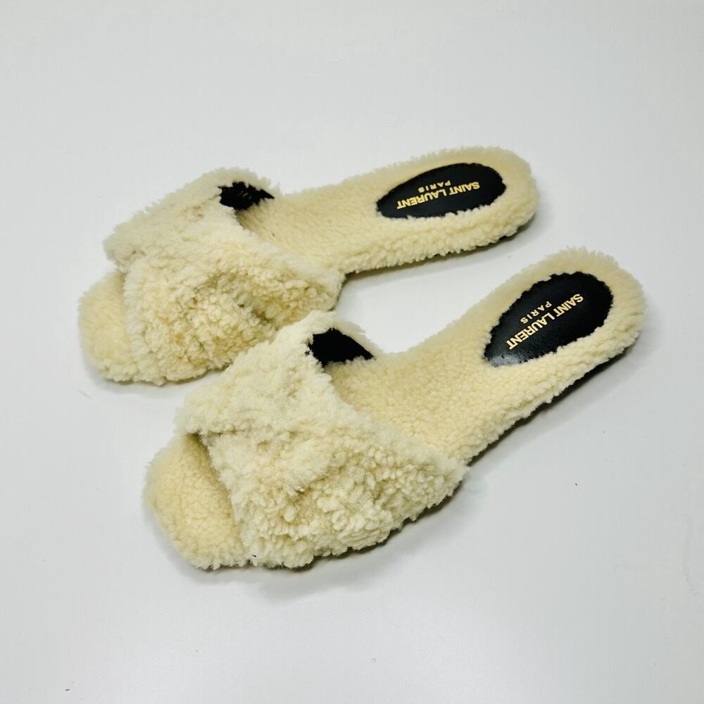 NIB Saint Laurent YSL Tribute EU 37 US 7 Slip On Flat Sandals Beige Shearling - Picture 5 of 9